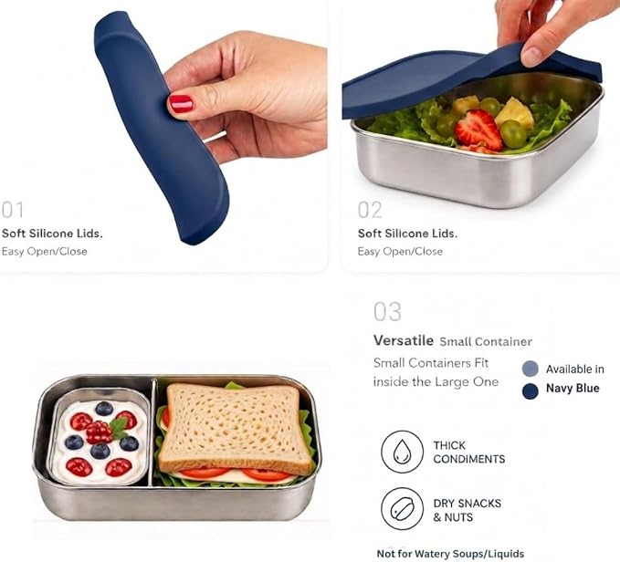 Modaniam Flexibento - Leak proof Stainless Steel Lunch Box Containers with Silicone Lids, Steel Bento Box, Metal lunch Box, Navy-47OZ-Set Of 2