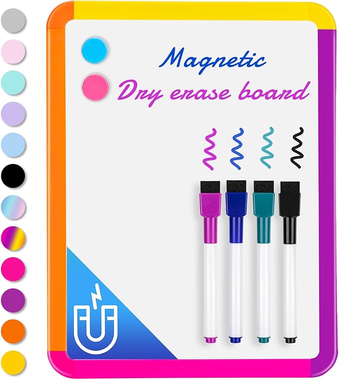 VUSIGN Small White Board Dry Erase, 8.5''x11'' Magnetic Dry Erase Board, Mini Whiteboard with Markers for Fridge, Wall, Locker, Colorful Frame