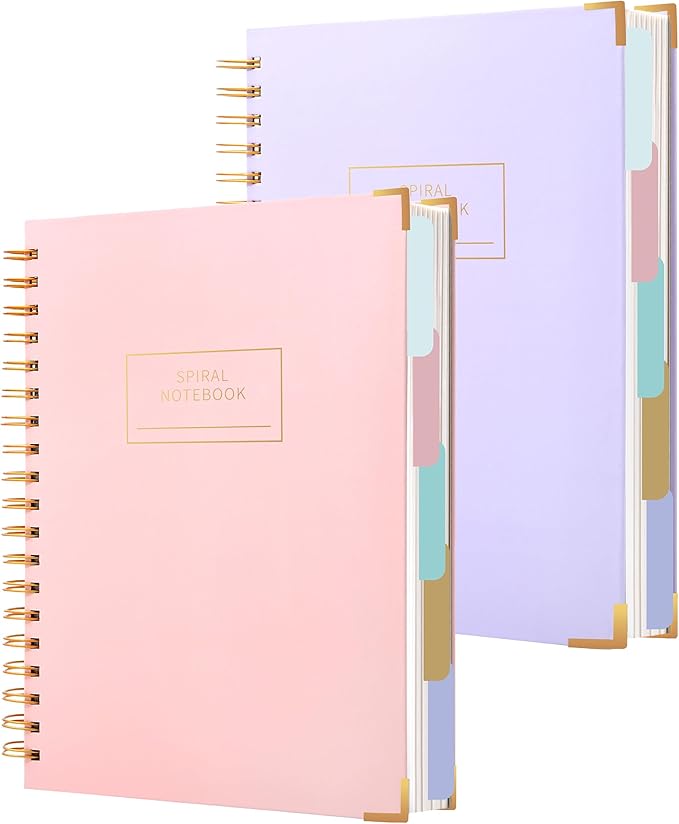 Yoment 2 Pack 5 Subject Notebook College Ruled, Hardcover Spiral Notebooks for Work School, B5 Multi Subject Notebook with Tabs Dividers, 240 Pages Lined Journal for Women Men, Pink&Purple