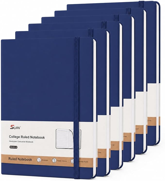 SUIN 6 Pack A5 Hardcover Lined Journal Notebooks, 200 Pages, Navy Blue