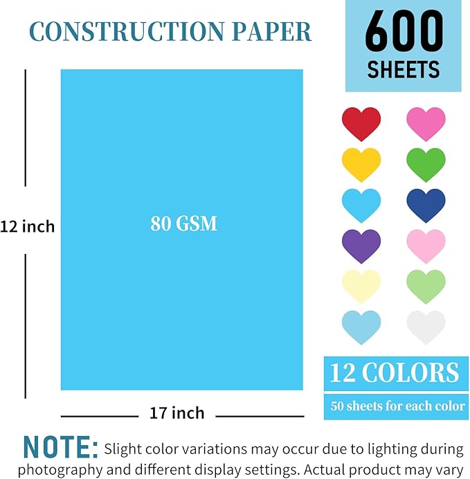 600 Sheets Colored Construction Paper for Art Craft Drawing 12"x 17.3", 80gsm Colored Craft Paper Medium Weight for Arts Party Decoration