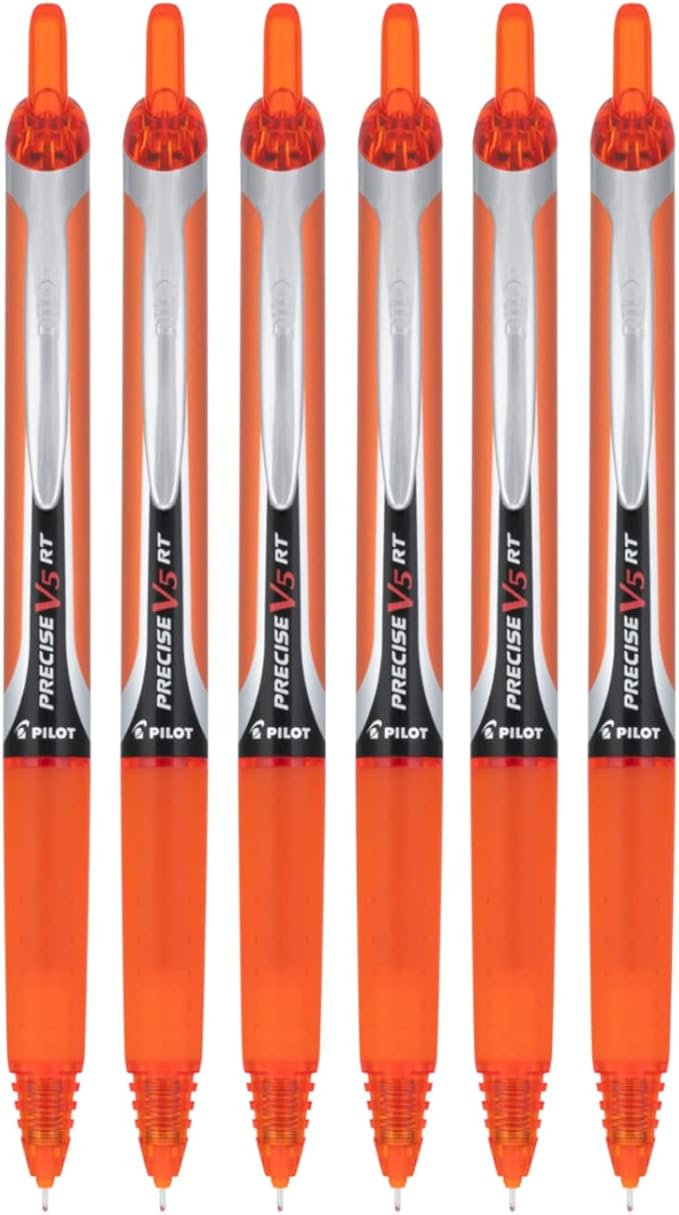 PILOT Precise V5 RT Refillable & Retractable Liquid Ink Rolling Ball Pens, Extra Fine Point (0.5mm) Orange Ink, 6-Pack