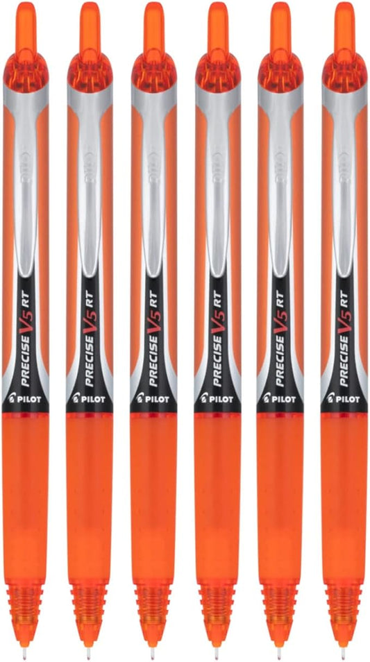 PILOT Precise V5 RT Refillable & Retractable Liquid Ink Rolling Ball Pens, Extra Fine Point (0.5mm) Orange Ink, 6-Pack