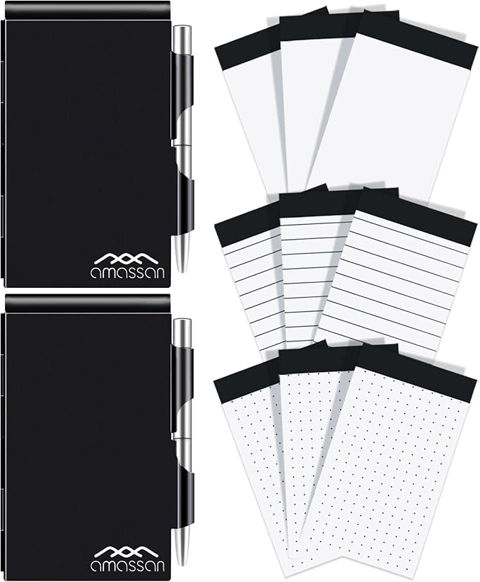 amassan 10 Pieces Metal Pocket Notebook with Pen Set, Small Pocket Notepad Aluminum Note Case with Pen and 60-Page Sheets (Black&Black)
