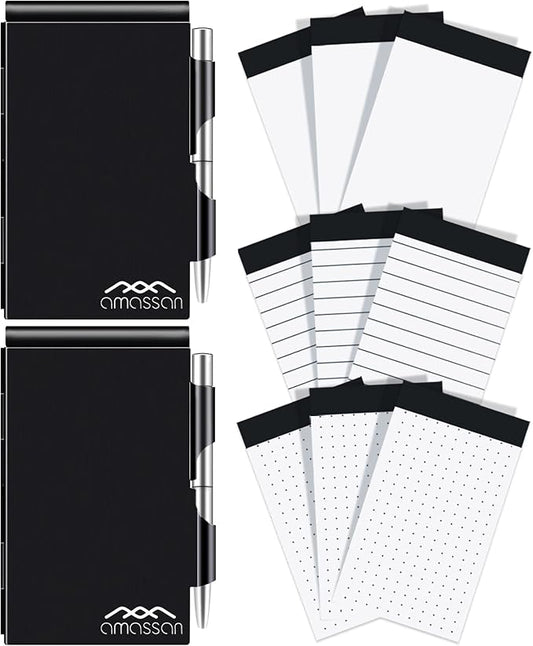 amassan 10 Pieces Metal Pocket Notebook with Pen Set, Small Pocket Notepad Aluminum Note Case with Pen and 60-Page Sheets (Black&Black)