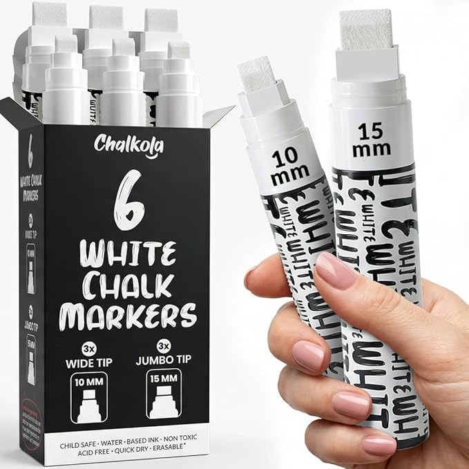 Chalkola White Window Markers for Cars Glass Washable - (6 Pack | 3x10mm + 3x15mm) | Jumbo Liquid Chalk Markers for Blackboard, Chalkboard, Auto, Bistro Board — 3 in 1 Wide Nib Chalk Paint Pens White