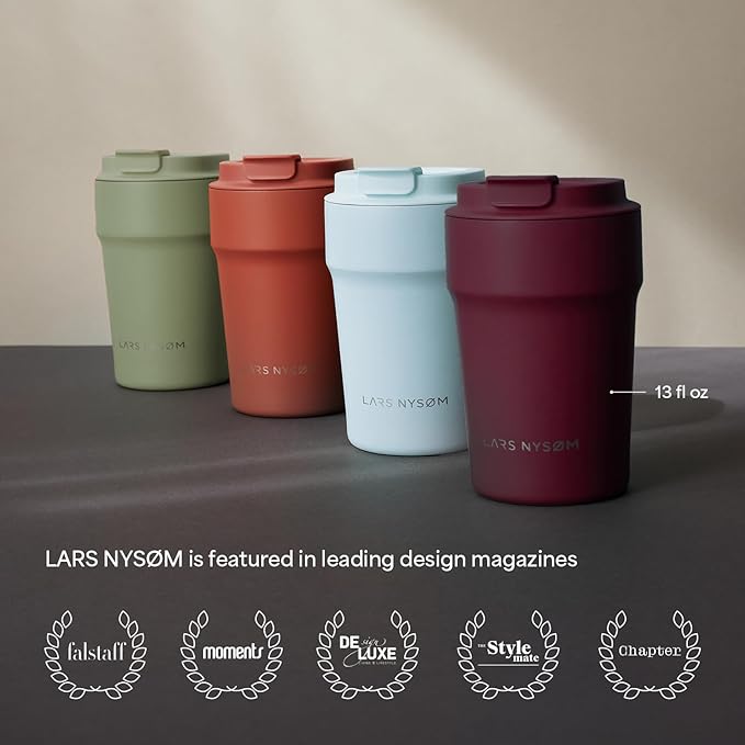 LARS NYSØM Thermo Coffee Mug to go 13oz | Travel Mug 0.38 Liter with Insulation | Silicone grip base | Leak Proof Stainless Steel Tumbler for Coffee and Tea on the Go (Powder Stone Blue, 13oz)