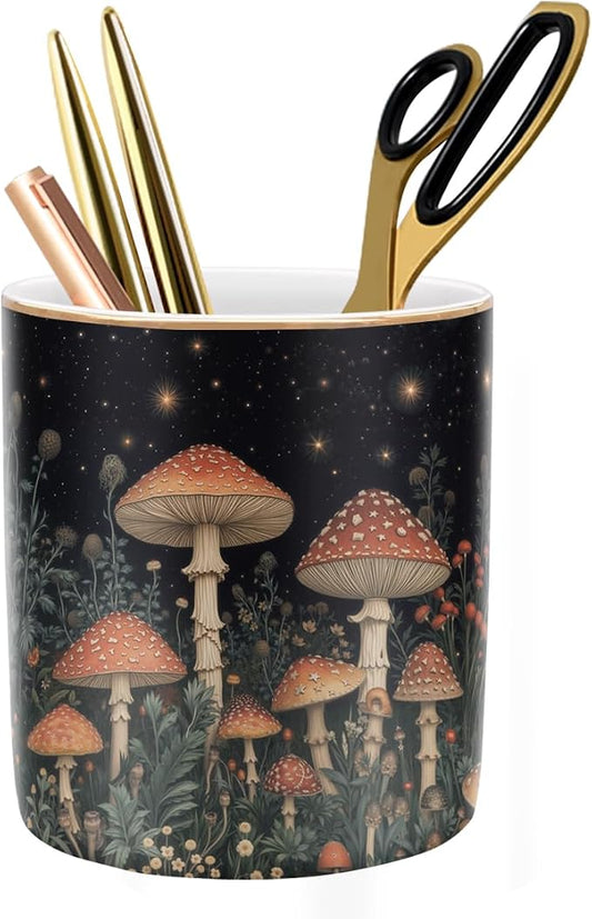 Cute Pen Pencil Holder for Desk, Durable Ceramic Organizer Decor for Room, Office, Classroom, Mushroom Pattern