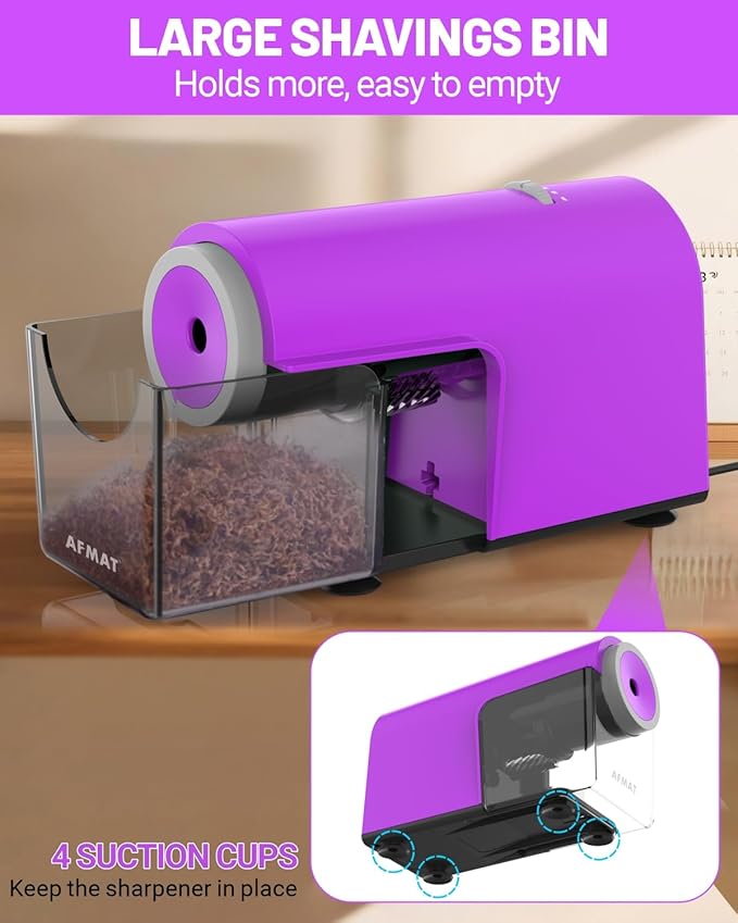 AFMAT Electric Pencil Sharpener, Fully Automatic Pencil Sharpener for 6.5-10.5mm No.2/Jumbo/Colored Pencils, Auto in & Out, 5 Sharpness Modes, 10000+ Sharpenings for Classroom Home Office,PSC5(Purple)