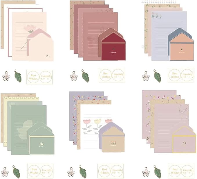 72 Pcs Stationery Paper Envelopes Set Includes 24 Lined Writing Paper & 12 Envelopes, Lovely Floral Cute Letter Writing Stationary Paper Envelopes Kit for Girls Office School Supplies(6Style)