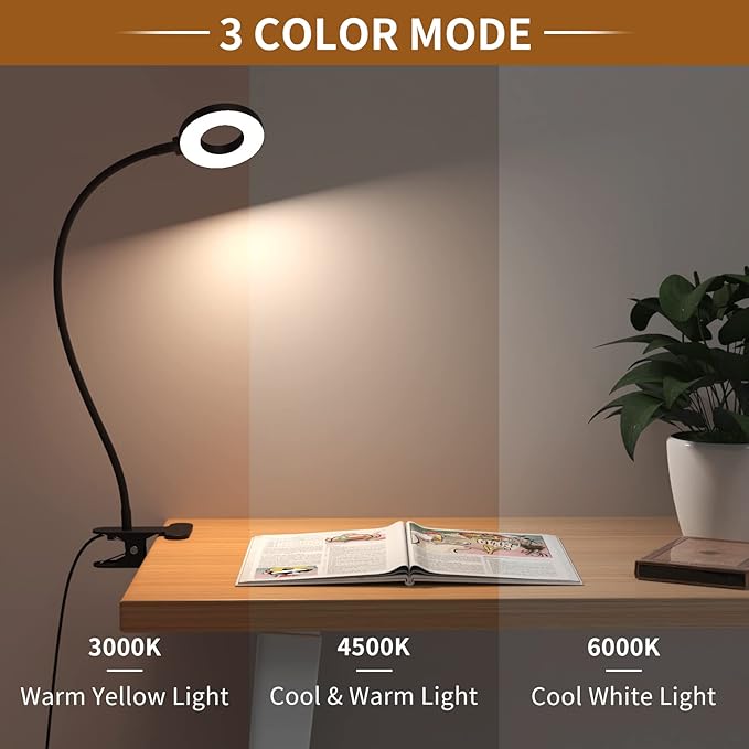 iZELL Desk Lamp, LED Reading Light with Clamp, 3 Color Modes & 10 Brightness Flexible Arm Book Light for Kids Reading Book in Bed at Night Clip on Table, Computer, Zoom Meetings - 27.6‘’ Black
