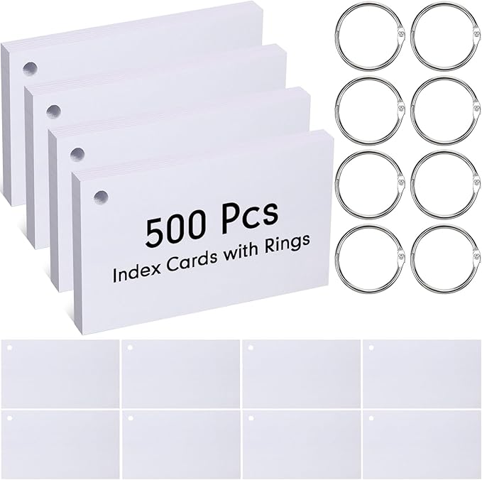 Yexiya 500 Pcs Index Cards with Rings Study Supplies Punched Lined Flash Cards with Holes Ruled Single Hole Notes and Metal Rings for Adults Office(4 x 6 Inch,Blank White)