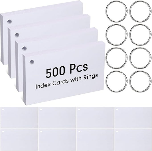 Yexiya 500 Pcs Index Cards with Rings Study Supplies Punched Lined Flash Cards with Holes Ruled Single Hole Notes and Metal Rings for Adults Office(4 x 6 Inch,Blank White)