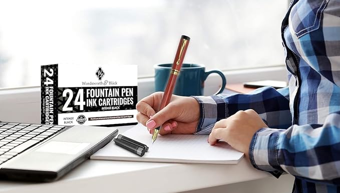 Wordsworth & Black 24 Pack Fountain Pen Ink Refills - Set of 24 Black Ink Cartridges - International Standard Size - Length APPR 2.3" - Base Diameter APPR 0.24" - Disposable and Generic