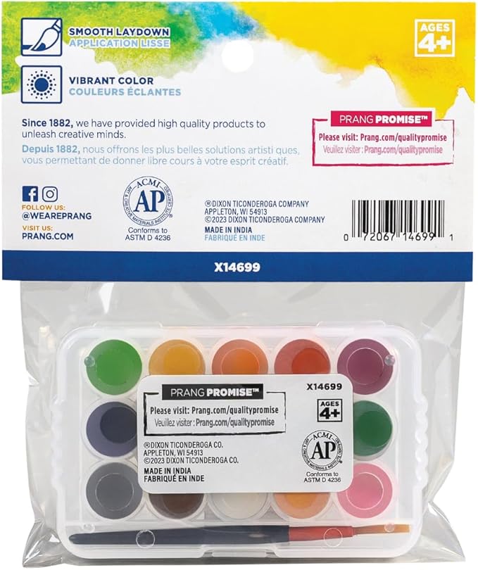 Prang Mini Watercolor Paint Set, 15 Assorted Colors and Mini Paint Brush, Small, Portable, and Travel-Friendly, Class Pack of 12 Sets