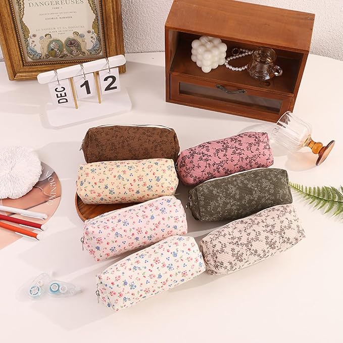 Corduroy Pencil Case for Girls Kids Large Capacity Aesthetic Pen Pouch Makeup Bag Cosmetic Organizer Cute Stationery Storage Bag for School Office Travel Minimalist Pencil Box (Floral-C)