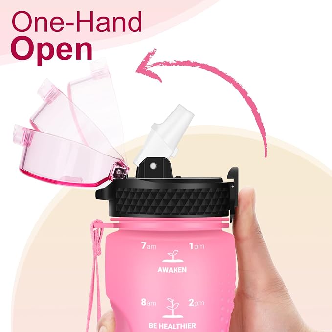 24 OZ Motivational Kids Water Bottle With Time Marker,Straw Lid,Leak Proof, Tritan BPA Free Sports Water Bottle Pink Purple(1 Lid)