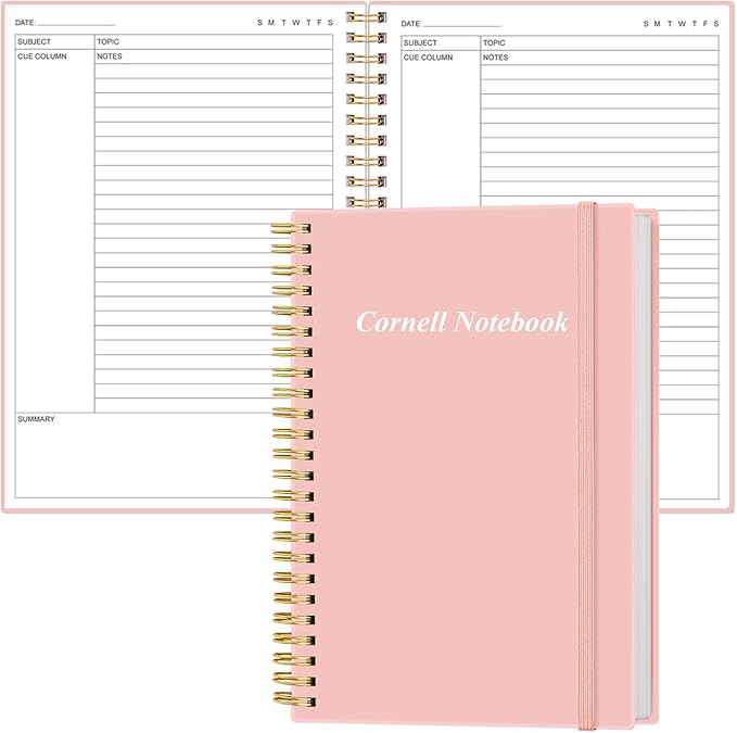 Yaridar A5 Cornell Notes Notebook - College Spiral Cornell Notebooks for Note Taking, Subject College Ruled Notebook Steno Pads for Office/School/Home, 5.8" x 8.5", Pink
