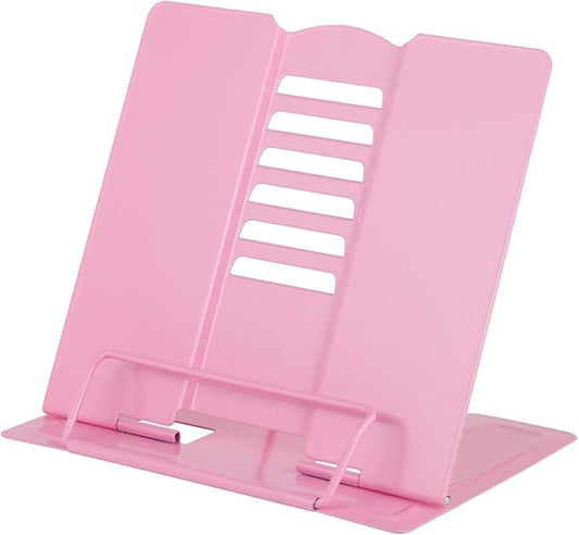 Blizzow Desk Book Stand Holder - Hands Free, Adjustable Metal Stand, Foldable Portable Bookstand - Cookbook, Recipe, Tablet, Music, Documents (Pink)