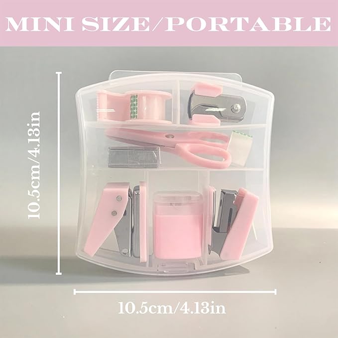 Mini Office Supply Kits Mini School Supplies – Includes Mini Stapler,Scissors, Staple Remover, Staples, Tape Dispenser (Pink)