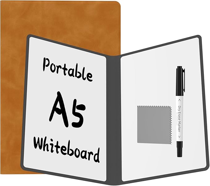 Portable Dry Erase Board,Reusable Whiteboard Notebook, Double-Sided White Board PU Cover 9.5"x6.6" with Marker,Wipe Cloth (Orange)
