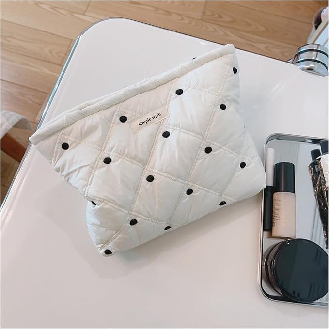 uekeboag White Quilted Cotton Makeup Pouch, Cosmetic Bag (01White Dots) | Coquette Quilted Toiletry Bag for Women and Girls, Coquette Organizer Bag ,Aesthetic,Travel Essentials