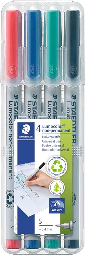 STAEDTLER Lumocolor Non-Permanent Universal Pen: Set of 4 Markers, Assorted Colors, Superfine Felt Tip 0.4mm - Multi Surface, Quick Dry & Water-Soluble Ink - For Home, School & Office