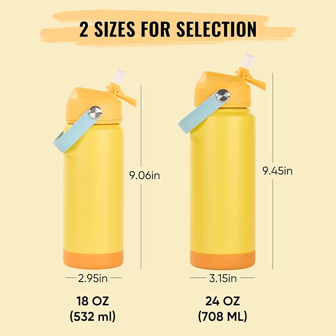 Fijinhom 24oz Insulated Stainless Steel Water Bottle, Wide Mouth Double Wall Vacuum, Silicone Straw, Sweat & Leak Proof, BPA Free Insulated Water Flask for Travel, Keep Cold 24h Hot 12h, Lemon