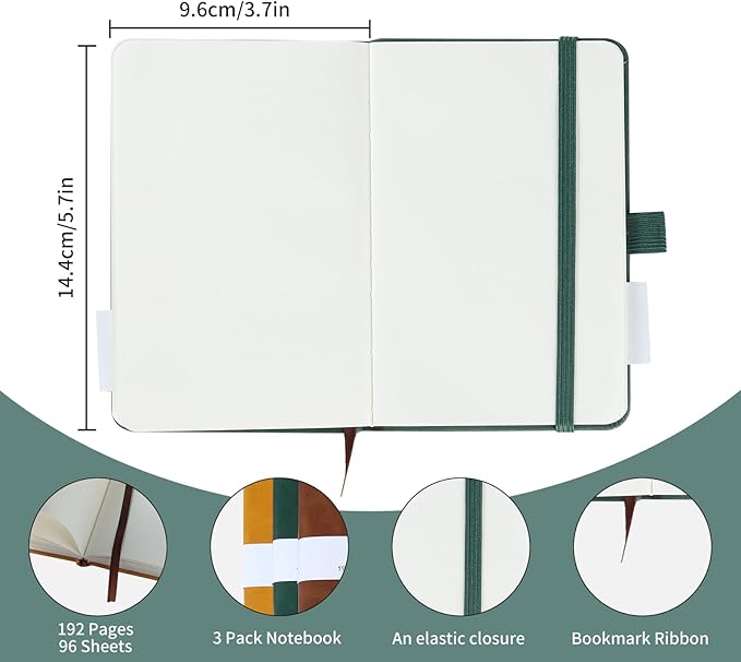 HOMEMARS Small Notebook, Pocket Notebook, 3 Pack, Notebook A6, Blank,3.7" x 5.7"Leather, Brown, Green, Yellow,192 Pages Each, Hardcover, Mini Journal Notepad, Embossing Tree Design
