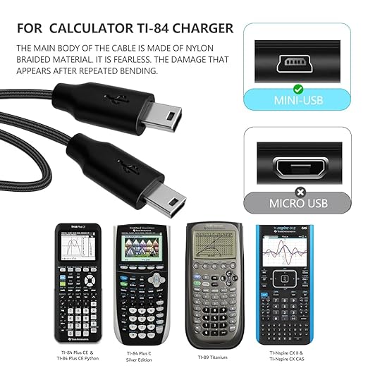【2-Pack USB & USB C Braided Power and Data Cables】, Compatible with TI-84 Plus CE, TI-84 Plus C Silver, TI 89 Titanium, TI Nspire CX/TI Nspire CX CAS