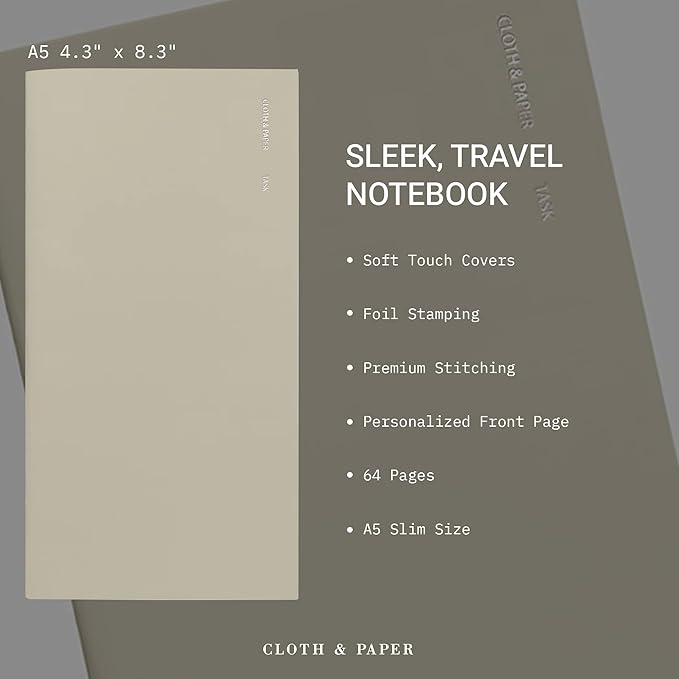 Cloth & Paper Travel Notebook | Task Planner – Ristretto | A5 Slim To-Do List Planner Notebook 4.3" x 8.3" | Productivity Planner for Tasks, Priorities, Lists and Daily Planning – Soft Touch Cover