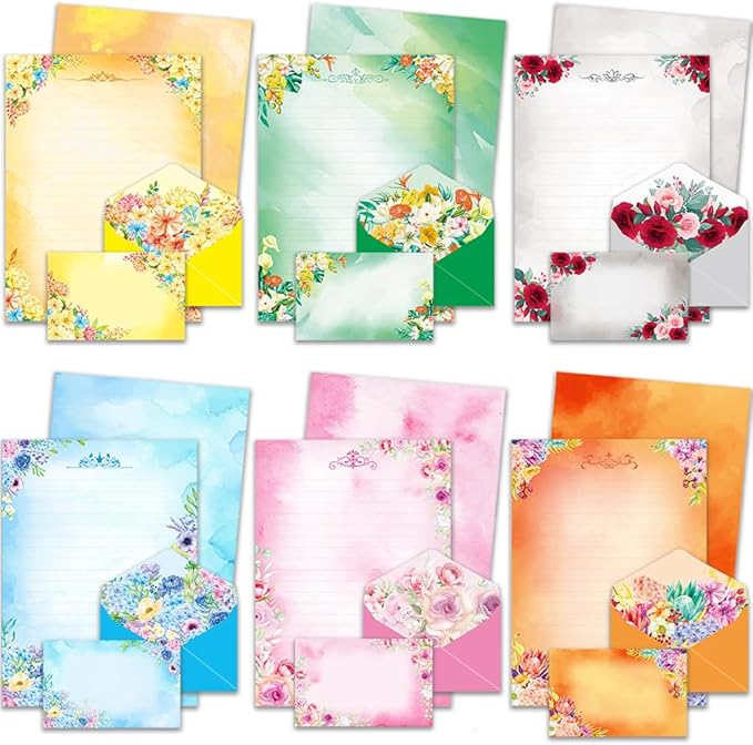 Anzon Mories 60 Pieces Cute Stationary Writing Paper and Envelope Set (2 Sides Colored, 1 Side Lined) 30 Sheets, 30 Pcs Envelopes, Kawaii Letter Stationery 8.5 x 11 In Floral Decoration Ruled