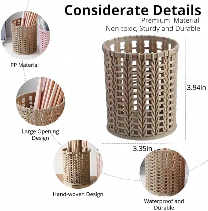 Hand-woven Style Pen Holder for Desk Cute Office Supplies Cubicle Decor Kawaii Workspace Accessories Boho Makeup Organizer for Women Girls Pencil Cup Aesthetic Caddy for Home Office (White)