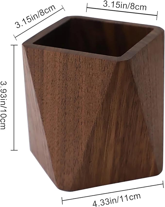 Black Walnut Wooden Pencil Box, Multiple-Use Desk Writing Stationary Organizer Wood Pen Holder Cups Office School Supplies Storage (Prismatic Shape)