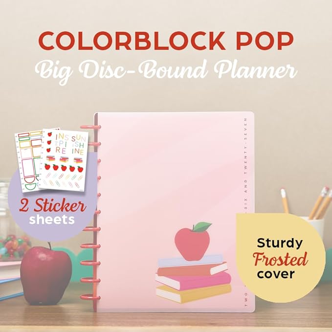 Happy Planner Disc-Bound 12-Month July 2026–June 2027 Academic Planner with 3 Extra Months, Big Size, 8.5" x 11", Teacher Layout, Colorblock Pop