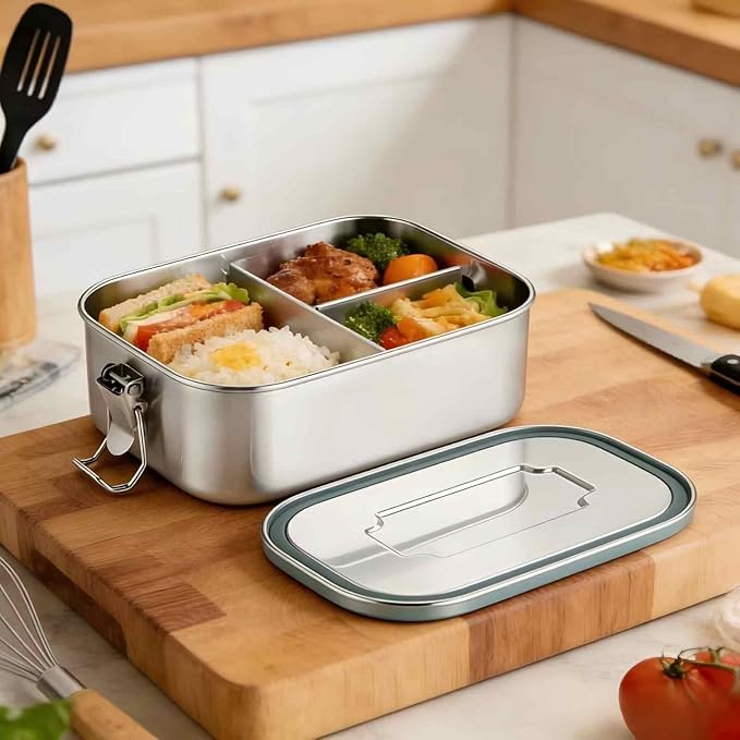 Stainless Steel Bento Box 40oz with 3 Compartments, Stainless Steel Lunch Box 1200ml, Metal Lunch Containers with Sealing Lockable Clips, Snack Containers for Adults Travel Work Dishwasher Safe