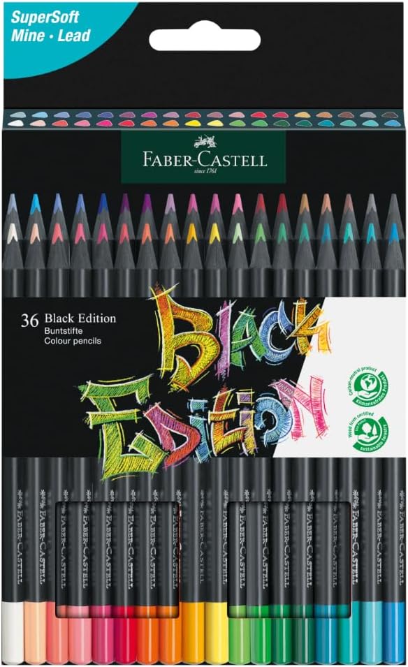 Faber-Castell Black Edition Colored Pencils - 36 Count, Black Wood and Super Soft Core Lead, Neon and Pastel Color Pencil Set, Spring Craft Supplies & Colored Pencils for Adult Coloring Book