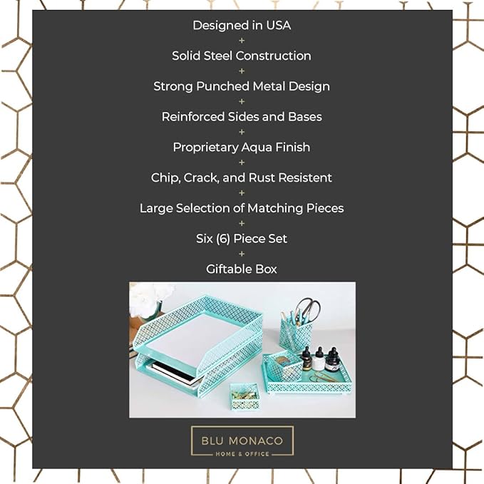 BLU MONACO Aqua Desk Organizer Set for Women | 6-Piece Interlocking Office Supplies Set | Pen Cup, Accessory Trays & Letter Trays | Steel Desktop Paper Organizer | Aqua Desk Organization System