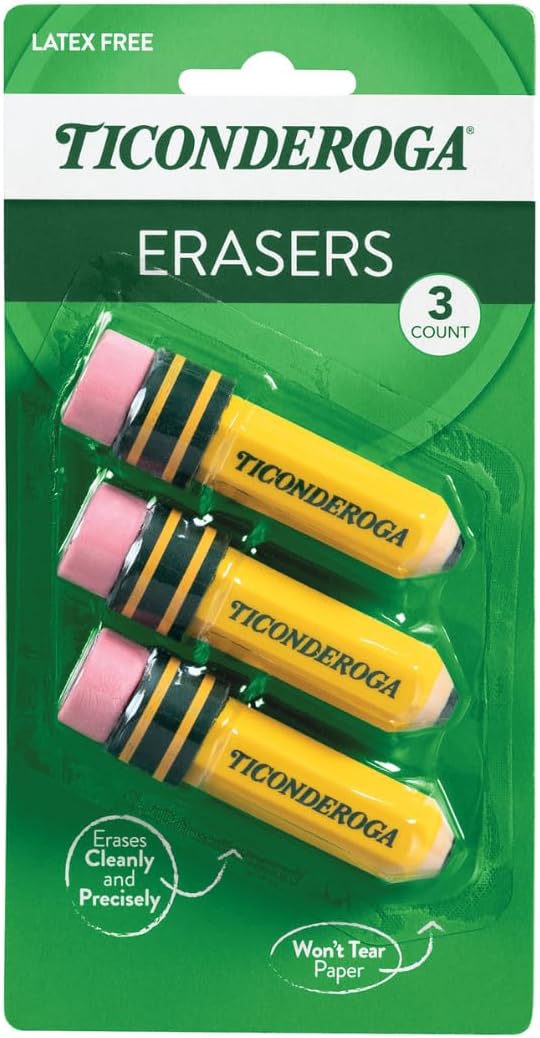 Ticonderoga Pencil Shaped Erasers (38953), 0.75" x 2.875", Yellow, 3/Pack, Class Set of 12 Packs, 36 Erasers Total