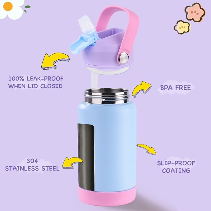 Kerilyn 12oz Kids Water Bottle, Stainless Steel Insulated Water Bottle for Kids, Toddler Cup with Straws Leak-Proof, Toddler Water Bottles for School Boys Girls, BPA Free, Cerulean