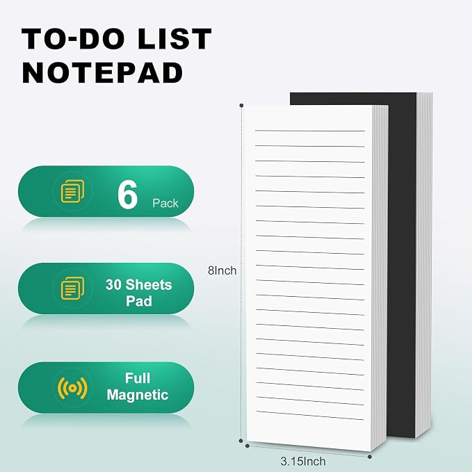 Magnetic Notepads Note Pads for Fridge with Full Magnet Back, 180 Sheets White Lined Refrigerator Notepad, 30 Sheets Per Pad for Grocery List, Shopping List, Office, Home, To-Do Lists & Memos