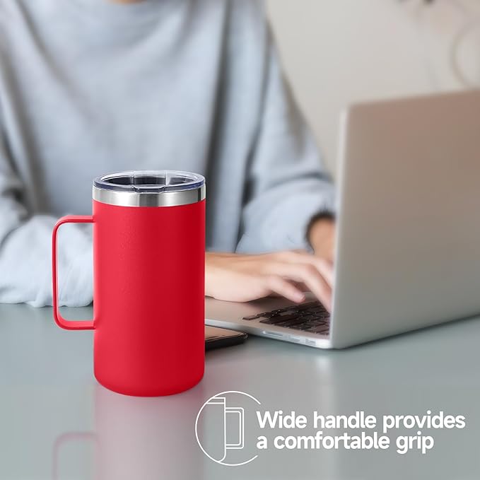Volhoply 22oz Insulated Stainless Steel Coffee Mug with Leakproof Lid,Double Wall Vacuum Travel Coffee Cup with Handle,Reusable Metal Tumbler,Camping Mugs Keep Hot&Cold(Red,1)