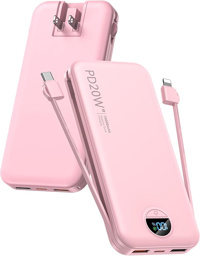citicr Portable Charger, 10000mAh PD20W Fast Charging Power Bank with Built-in Cables & Wall Plug, External Battery with LED Display, Travel Battery Bank for iPhone, iPad, Samsung Fairy Pink