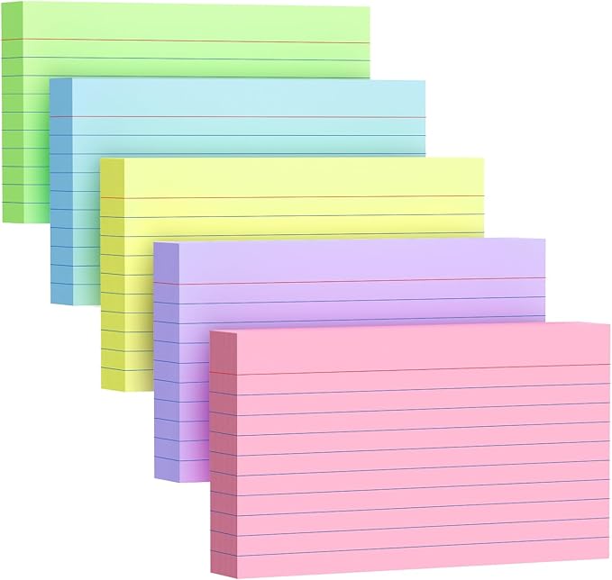 250 Count Index Cards 3x5 Inch 180gsm Heavy Weight Colored Flash Card (50 Sheets Each), Note Taking for Students, Teachers, Professionals, Study Note Cards for Office Home School