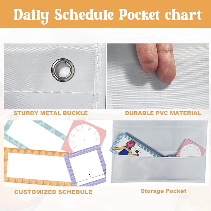 Daily Schedule Pocket Chart, Visual Schedule with 42 Reusable Dry-Eraser Cards, Visual Schedule for Kids, Classroom Schedule, Suitable for Classroom, Office, Home, Pre-School Education, Spanish