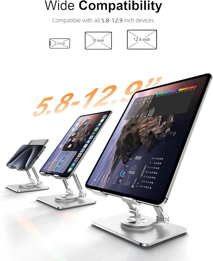 Orlian Tablet Stand Holder with Thickened 360°Rotating Base Dual Rod Adjustable Aluminum Stand for All 5.8-12.9” iPad Samsung Phone Tablet Kindle E-Reader and More, Silver