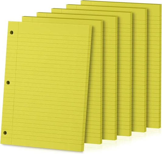 Loose Leaf Paper, 300 Sheets, Wide Ruled, 8" x 10.5", 6 Pack, 70gsm Notebook Paper Filler Sheets, 3 Hole Punched, 50 Sheets/Pack, Wide Ruled Office Filler Writing Notepads for 3 Ring Binder, Yellow