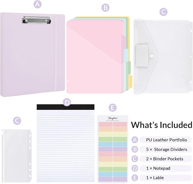 SKYDUE 3 Ring Binder with Clipboard 1 Inch, 13.2" × 10.2" PU Clipboard Binder with Notepad & 5 Dividers with 5 Pockets, Labels, Clipboard Folder Great for School Office (Fit Letter Sized Paper)
