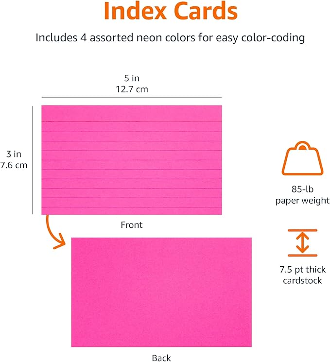 Amazon Basics Ruled Index Flash Cards for Studying and Note Taking, Color Coding, Assorted Neon Colors, 3" x 5", 300-Count