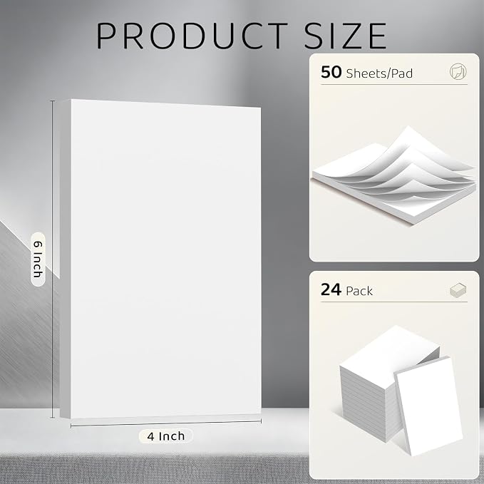 4x6 Blank Notepads 24-Pack - 50 Sheets Each, White Unruled Paper Pads with Hard Backing for Lists, Notes & Reminders | No-Bleed Writing Paper for Students, Teachers & Professionals